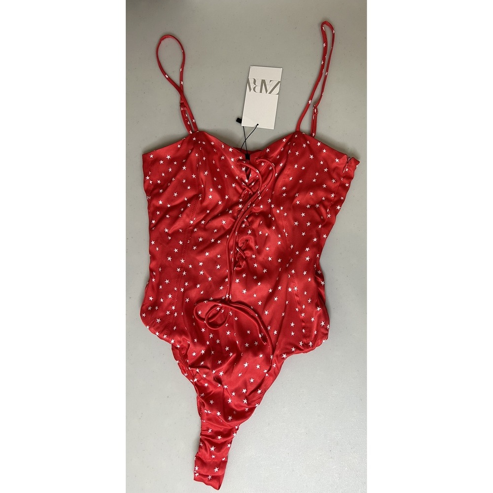 2/$28 Zara NWT Red Star Lace Up Bodysuit Size Small Side Zip